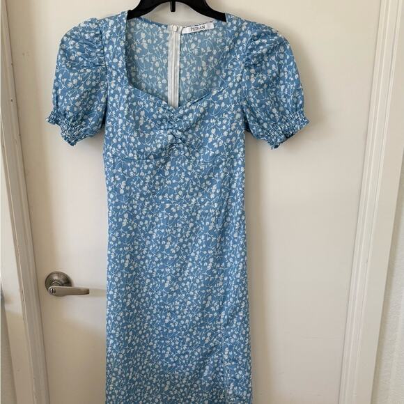 Sz.Xs Floral Blue Midi Dress Garden Girl Cabin Cottage Casual Coquette - Picture 1 of 5